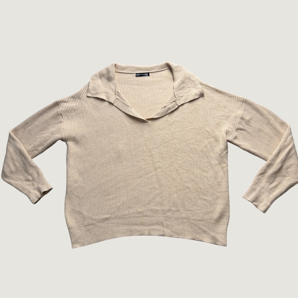 PRETTYGARDEN Ribbed Knit Sweater Large V-Neck Collared Drop Shoulder Beige